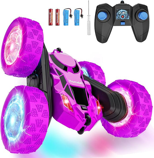 Remote Control Car for Kids Stunt RC Cars with Cool Wheel Lights Double-Sided Driving 360-degree Rotation Boys Toys for Ages 6 7 8 9 10-12 Kids Gift Ideal(Purple)