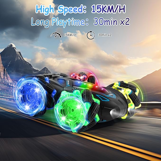 RC Cars Gesture Sensing Stunt Car, 360° Rotating Remote Control Car with Cool Light and Music, Spray Drift Hand Controlled Car, 2.4Ghz Rechargeable RC Car, Best Birthday Gifts for Boys 6-12 (Blue)