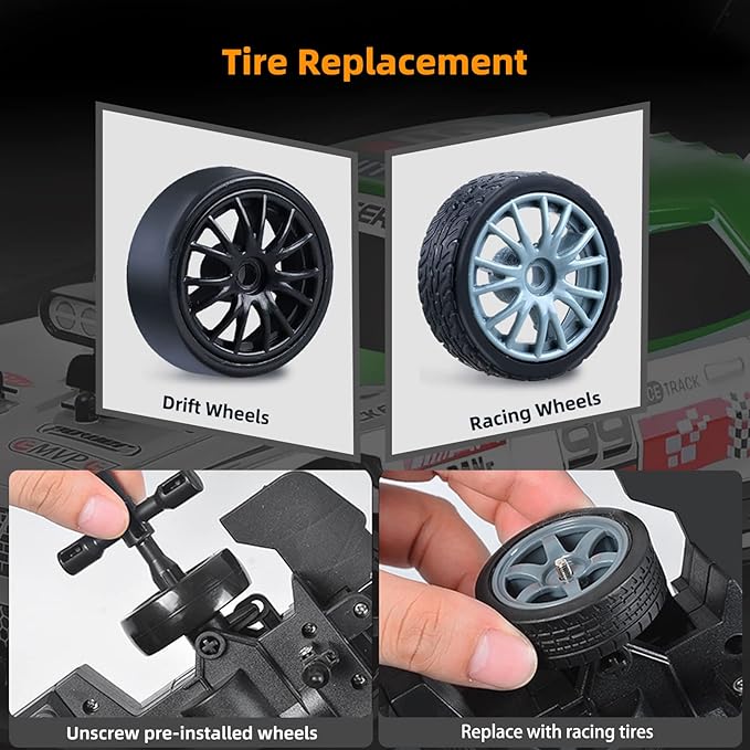 Remote Control Drift Car for Adults - 1/16 2.4GHz Small 4WD RC With LED Lights, Rechargeable Battery, and Drifting Tires - Toy for Boys and Kids