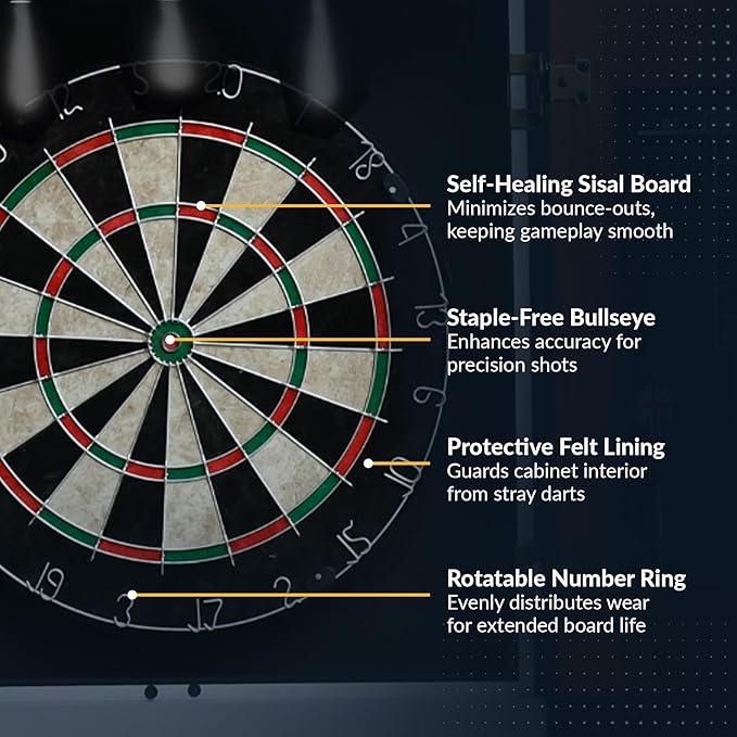 Hathaway Geneva Dartboard and Cabinet Set - Includes 18-in Dartboard, Steel-Tip Darts, Chalk Scoreboards - Perfect for Family Game Rooms, Basements, Home Bars, Wood Grain/Black/Gray