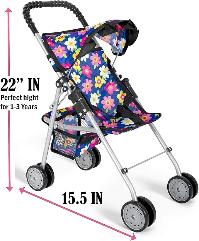 fash n kolor® - Doll Stroller My First Baby Doll Strollers Toy - Flower Design with Basket in The Bottom- Doll Accessories 2 Free Magic Bottles Included - New Year Gift, Boys, Girls