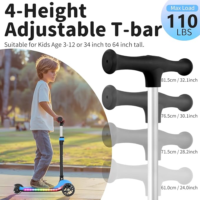 BELEEV A9 Kids Scooter with LED Light-Up Wheels & Deck, 3 Wheel Folding Scooter for Toddlers Girls Boys Ages 3-12, Adjustable Handlebar, Lean to Steer, Extra-Wide Wheels, Kick Scooter for Children