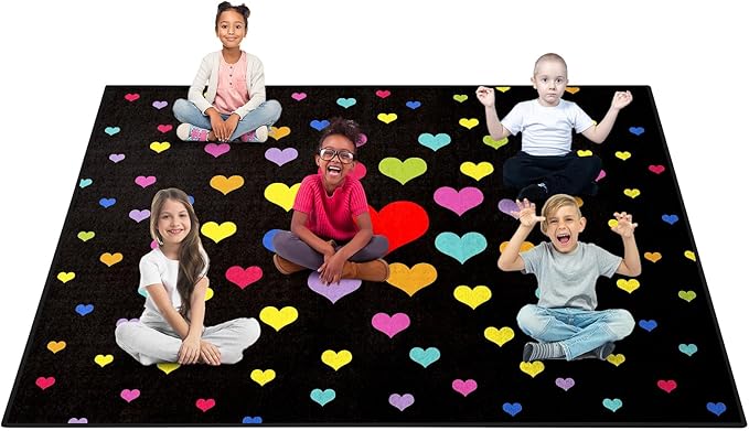 Booooom Jackson Black Classroom Rug Elementary, Large Heart Classroom Carpet Preshool Seating Rug for School, Classroom Area Rug Educational Carpet with Non-Slip Backing (6.5 x 8.5 ft, G004-Love-Plus)