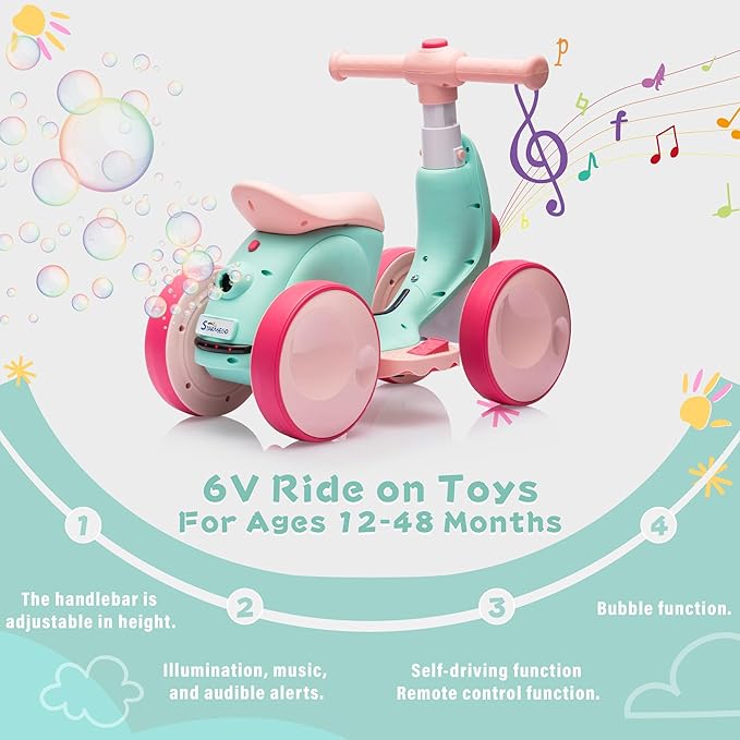 6V Electric Baby Balance Bike with Bubble Machine,4 in 1 Toddler Balance Bike w/Remote for 1 Year Old Boys Girls Kids Bubble Bike Ride on Toys w/Powered Motor,Music,LED Lights (Green&Red)