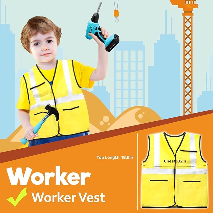 LOYO Kids Tool Set - 50 PCS Pretend Play Kids Toy Tool Box with Kids Construction Vest and Electronic Toy Drill Set for Toddlers Boys Ages 3 , 4, 5, 6, 7 Years Old Christmas Birthday Gift (Blue)