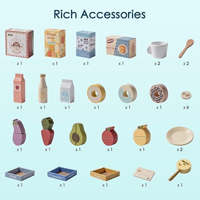 ROBUD Grocery Store Playset, Kids Play Store, Wooden Supermarket Playset with Cash Register, Chalkboard, Vending Machine, Coffee Machine, Oven, Play Food Accessories, Gift for Boys Girls 3+