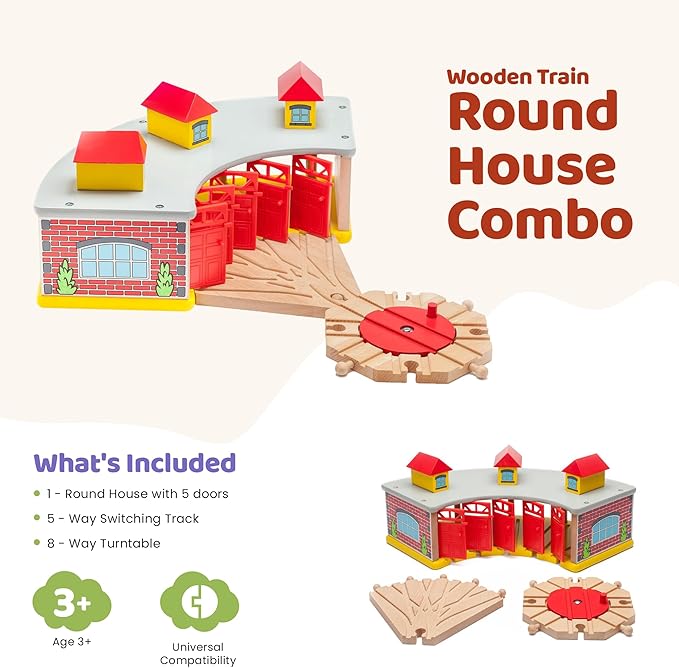inc. Wooden Train Round House Combo with Rotating Turntable, Train Shed to House 5 Engines or Cars, Rotating Turntable Switching Track Compatible with Major Brand Railway Sets