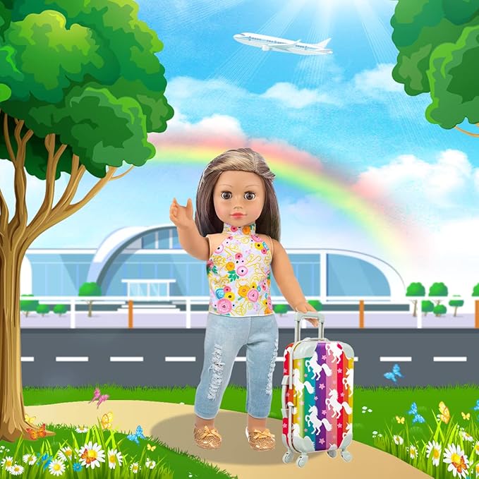 ZITA ELEMENT 24 Pcs 18 Inch Girl Doll Clothes and Accessories Travel Suitcase Set for 18 Inch Doll Accessories Unicorn Stuff