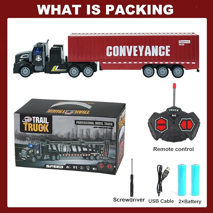 Remote Control Semi Truck with Trailer, 14" 1:48 Trailer Truck Toy, Equipped with 2 Rechargeable Batteries, Gifts Ideas for Boys Age 3-8 Year Old
