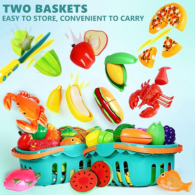 100 Pcs Play Food Set for Kids Kitchen, Pretend Food Toy for Toddlers Age 1-3, Plastic Cutting Fake Food/ Fruit/ Vegetable Accessories with 2 Baskets, Birthday Gifts for 2 3 4 5 Years Old Boys Girls