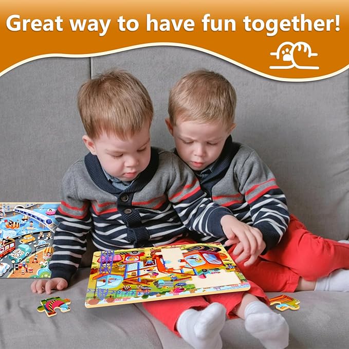 4SET Puzzles for Kids Ages 4-6 - 24 Pcs Wooden Realistic Montessori Toddler Puzzles Ages 3-5 - Construction Vehicles Learning Games for Boys and Girls 4-8 Year Olds