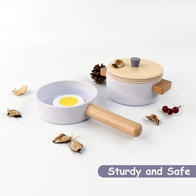 Wooden Toy Pots and Pans Cookware Playset for Kids Kitchen,Toddler Cooking Set,Pretend Play Kitchen Accessories for Toddlers Boys Girls Ages 3+