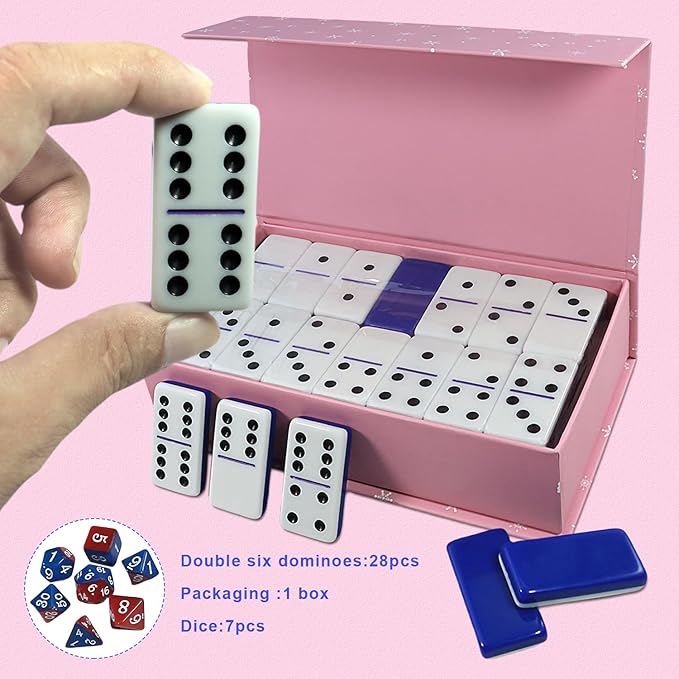 Dominoes Set for Adults, Double 6 Dominos Game Set with 28 Domino Tiles Double with Upscale Gift Boxes -7 Polyhedral Dice -Classic Board Games (Dark Blue)