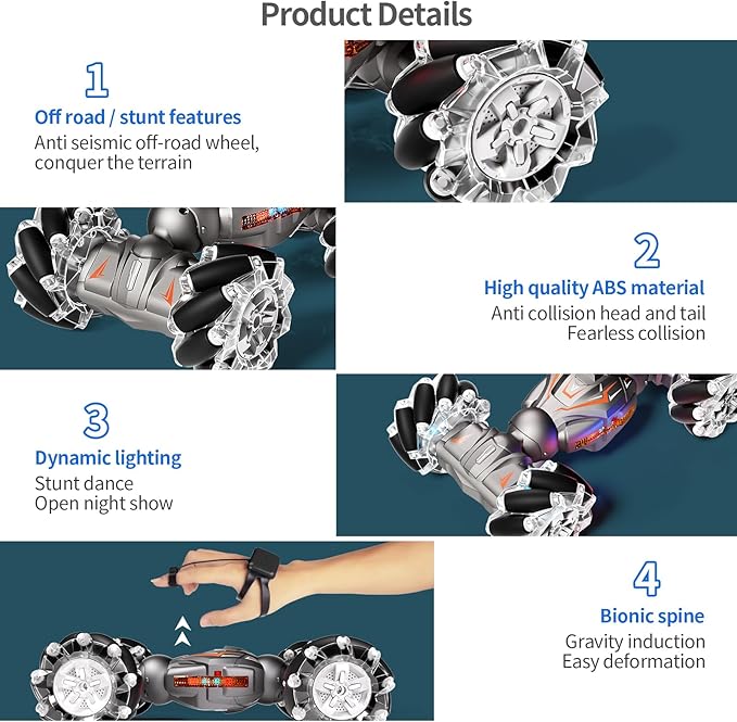 Deejoy 1:12 RC Stunt Car, 2.4GHz 4WD Remote Control Gesture Sensor Toy Cars, Double Sided Rotating Off Road Vehicle 360° Flips with Lights Music, for Boys & Girls Birthday（Black Silver）