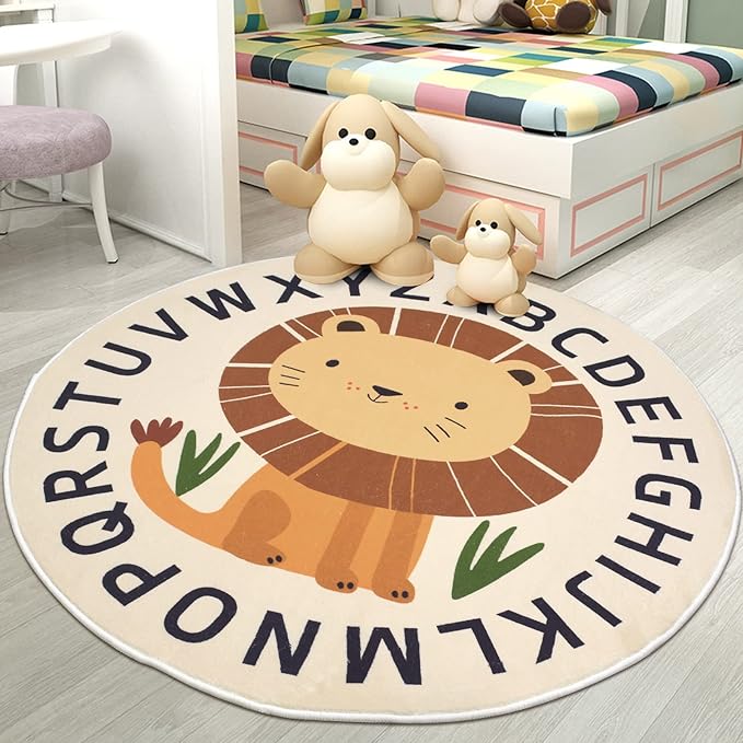 Kid Rugs Animal Play Rug 4Ft Large Round Lion Play Mat Soft Alphabet Educational Area Rug Nonslip Circle Baby Crawling Mat for Boys Girls Carpet for Kids Playroom Nursery, Sitting