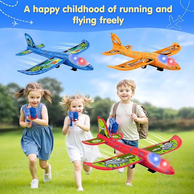 3 Pack LED Airplane Launcher Toys - Foam Glider Catapult Aircraft Plane Toy with Stickers - 2 Flight Mode Outdoor Flying Toys for Age 3 4 5 6 7 8 9 10 11 12 Year Old Kids Boys Girls Birthday Gifts