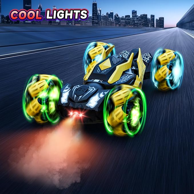 Remote Control Car Boys Toys: RC Cars 360°Flip 2.4Ghz Double Sided 4WD Transform Off Road for Rotating Hand & Remote Control Drift Stunt Cars Toy 6 7 8 9 10 11 12 Year Old Kids Girls (Yellow)