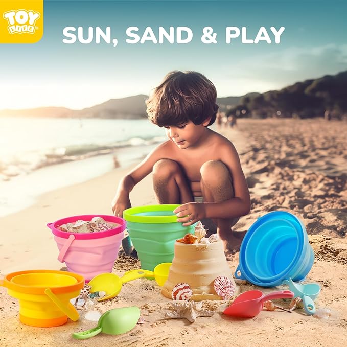 TOY Life Beach Toys for Kids Ages 4-8 Collapsible Sand Toys Toddlers with Silicone Bucket Shovels & Sand Castle Building Kit Molds, Sandbox Toy Travel, Beach Party, Fishing, Summer Activities