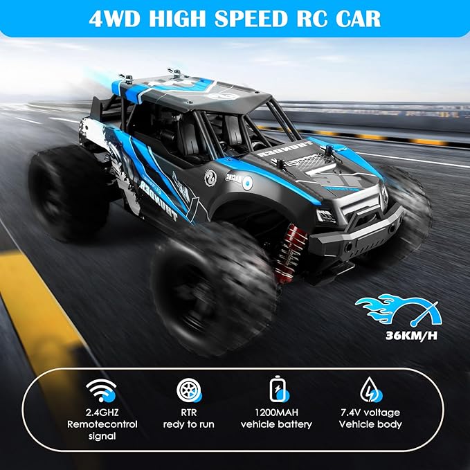 1:18 Scale RC Cars, 36 KM/H High Speed, 2.4 GHz Remote Control and 2 Rechargeable Batteries，4 Shock Absorbers, for Xmas (Blue)