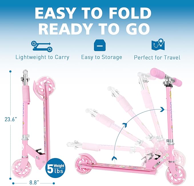 BELEEV V1 Scooters for Kids, 2 Wheel Folding Kick Scooter for Girls Boys, 3 Adjustable Height, Light Up Wheels, Lightweight Scooter with Sturdy Frame, Kickstand for Children 3 to 12 Years Old