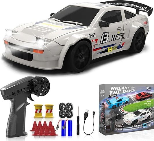 RC Drift Car, 1/24 Remote Control Car, 2.4Ghz 17KM/H High Speed RC Cars with LED Lights, Extra Tires, 2 Rechargeable Batteries, 4WD Racing Car Toys Christmas Birthday Gift for Kids Boys Girls Adults