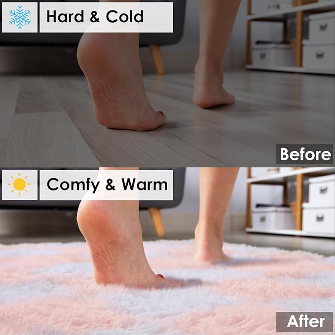 KICMOR 5x8 Area Rugs for Living Room, Light Pink and White Fluffy Shag Large Fuzzy Plush Soft Bedroom Carpets, Indoor Floor Shaggy Checkered Rug for Kids Baby Girls Room Playroom Nursery Home Decor