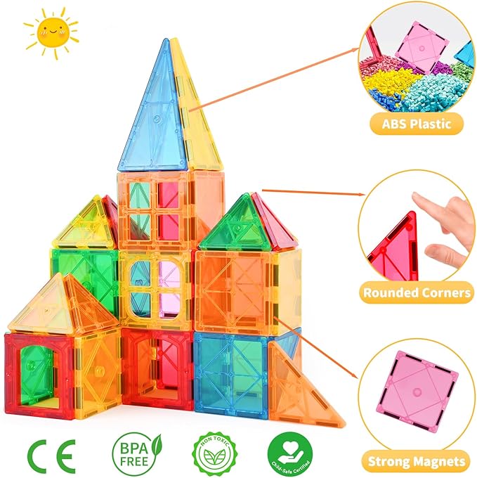 Magnetic Tiles Building Set, 60-Piece STEM Learning Toys for Kids – Sensory & Montessori-Inspired Magnet Building Blocks for Toddlers, Boys & Girls 3 4 5 6 7 8 Year Old