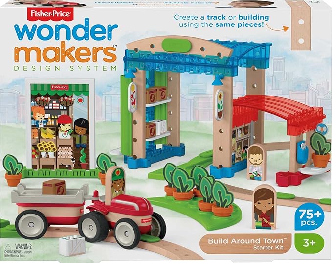 Fisher-Price Wooden Building Toy Wonder Makers Design System Build Around Town Starter Kit, 75 Wood Piece Playset for Preschool Kids Ages 3+ Years