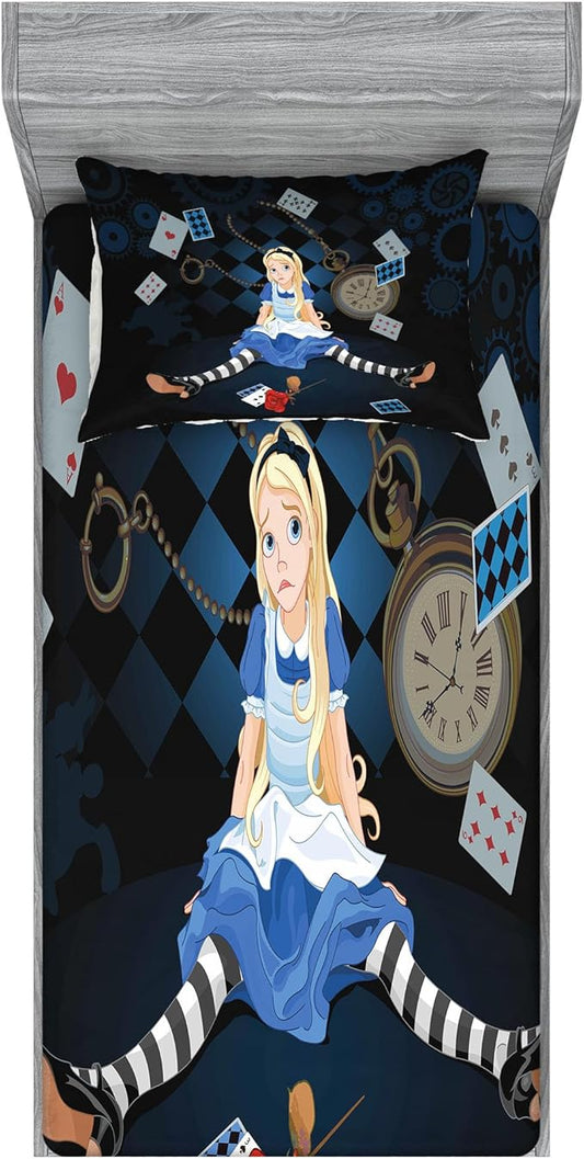Ambesonne Alice in Wonderland Fitted Sheet & Pillow Sham Set, Grown Giant Girl Sitting Flying Cards and Rose Checkered Cartoon, Decorative Printed 2 Piece Bedding Decor Set, Twinxl, Dark Blue