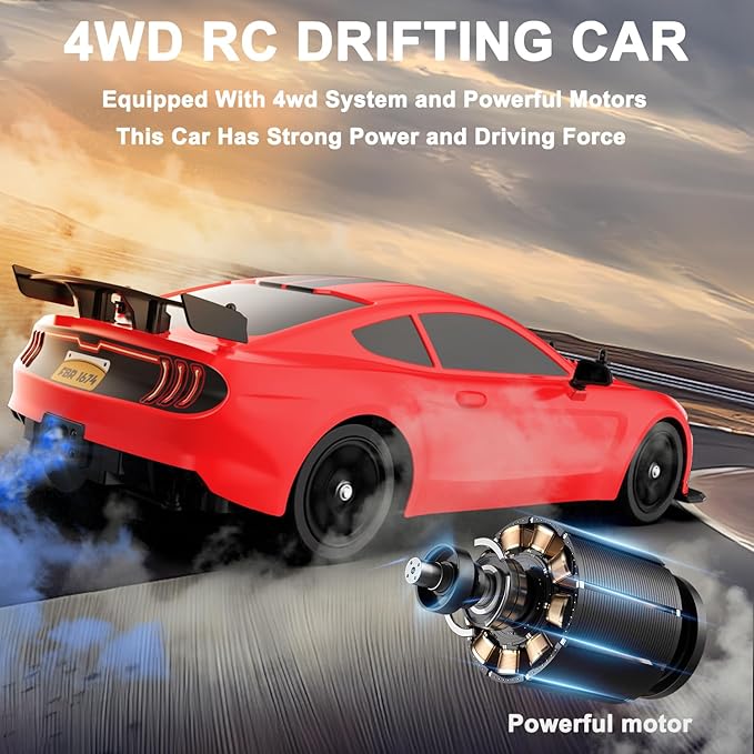Remote Control Car RC Drift Car 1:16 Scale 4WD 18KM/H High Speed Model Vehicle 2.4GHz with LED Lights Spray Rubber Tire Racing Sport Toy for Adults Boys Girls Kids Gift 2Pcs Rechargeable Batteries
