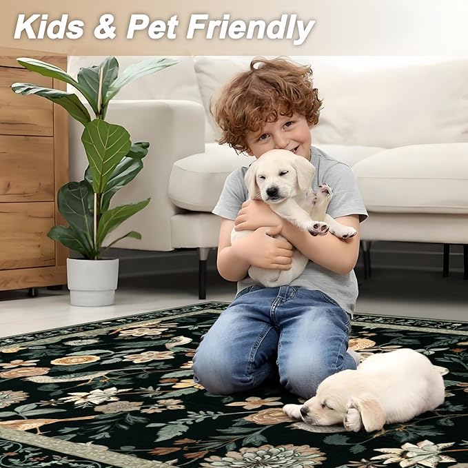 Floral Washable 5x7 Area Rug, Boho Birds Black/Beige Rugs for Living Room Soft Non-Slip Vintage Flower Bedroom Rug, Low Pile Botanical Indoor Carpet for Nursery Playroom Dining Room