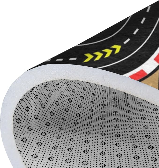 Racing Games Rug, 5x7 Ft Kids Carpet with Rubber Backing, 3D Cross Country Road Race Track Playmat Rugs Racing Karting Start and Finish line Play Mat Nursery Rugs for Children Room, Playroom