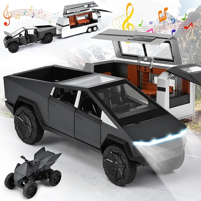 INGQU® Toy Car Alloy Diecast Pick-up Truck Model with RV & Motorcycle with Sound and Light Race Car Display Model Metal Pull-Back Vehicle 3-in-1 Camping Car Set Ideal Gift for Boys Kids Age for 3+