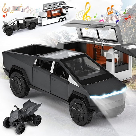 INGQU® Toy Car Alloy Diecast Pick-up Truck Model with RV & Motorcycle with Sound and Light Race Car Display Model Metal Pull-Back Vehicle 3-in-1 Camping Car Set Ideal Gift for Boys Kids Age for 3+