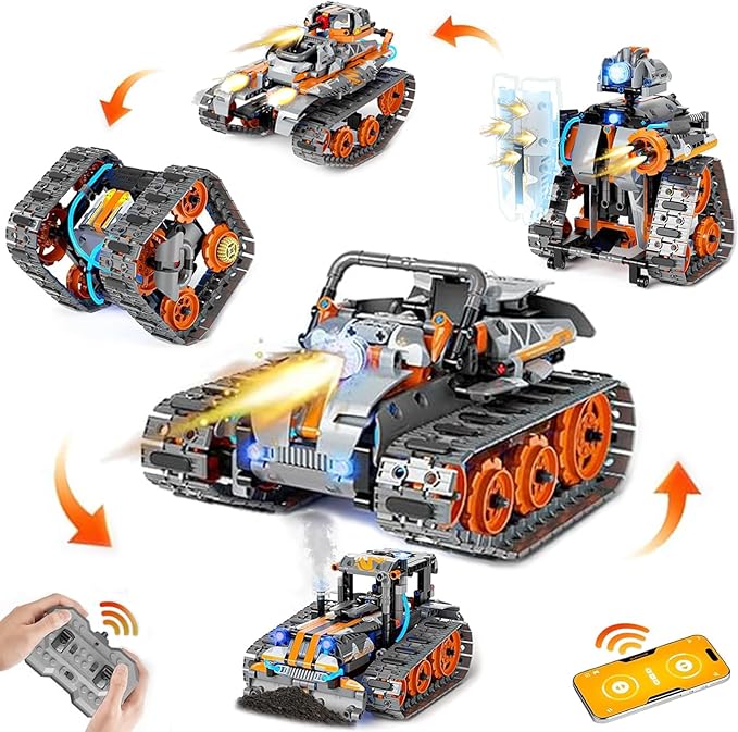 5 in 1 STEM Building Toys with LED Light, APP & Remote Controlled Cars Building, Robot/Tank/Bulldozer 552 Pcs, DIY Rechargeable Building Kit for Boys Girls, Science Learning Gifts for Age 6-12+ Year