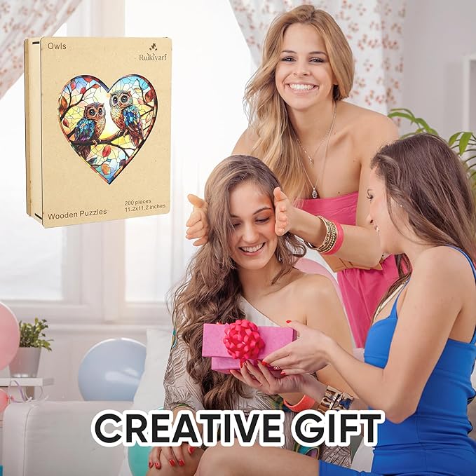 Stained Glass Heart Owls 500 Pieces Wooden Puzzles for Adults Unique Irregular Shape Fun Challenging Birds Puzzles for Kids and Couples on Birthday,Mother’s Day,Christmas 16.7"x16.5"