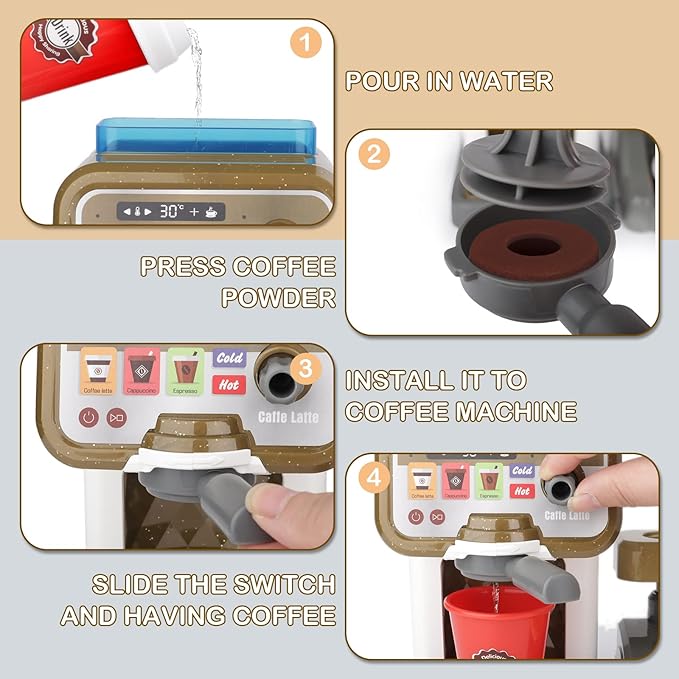 deAO Pretend Play Store Coffee Playset Kids Coffee Maker Play Set Pizzas Shop with Cash Register Toy Kitchen Playset Accessories Gifts for Toddlers Boys Girls