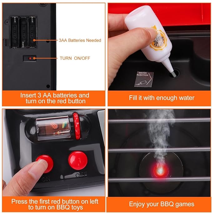 Kids Play Food Grill with Pretend Smoke Sound Light Kitchen Playset BBQ Accessories Camping Cooking Set Barbecue Toddler Girl Boy Toy 2 3 4 5 6 Year Old 4-8 Birthday Kid Toy Idea