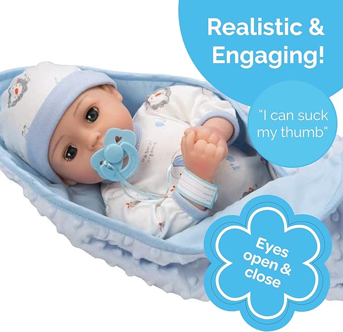 Adora 16 Inch Boy Baby Doll with Accessories Blue Matching 9-Piece Set Including a Pacifier, Hospital, Bracelet, Diaper, and More Gift for Toddlers Ages 3+ Adoption Babies Collection - Handsome