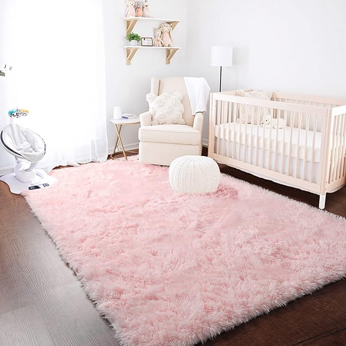 Pink Area Rugs for Bedroom Girls, 5x7 Machine Washable, Fluffy Fuzzy Shag Rug for Living Room, Kids Room, Kawaii Cute Baby Rug, Plush Indoor Floor Carpet for Teen, Nursery, Dorm, Home Decor Aesthetic