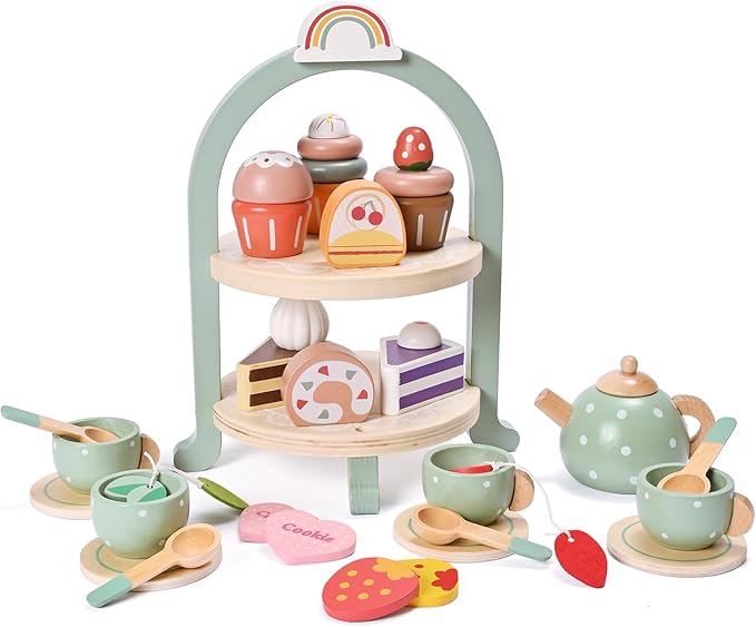 27pcs Wooden Tea Set for Little Girls, Toddler Tea Set Wooden Toys Play Kitchen Accessories with Cupcake Stand, Kids Tea Party Set Pretend Play Food Birthday Gift Playset