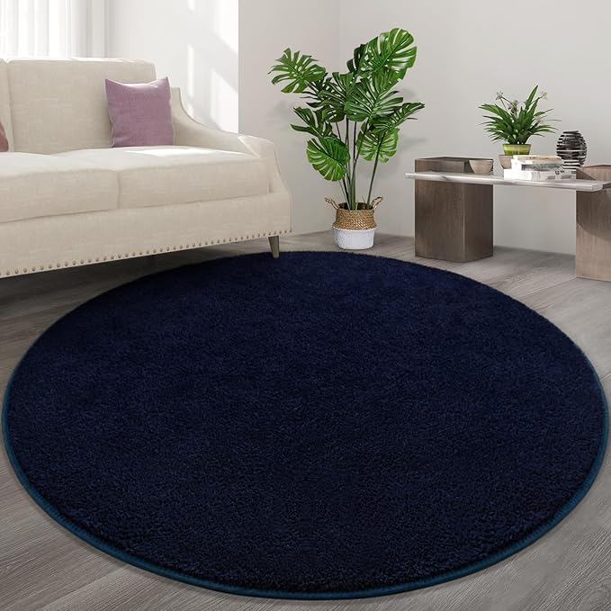 FlyDOIT Round Area Rugs for Bedroom Living Room, 4x4 Navy Blue Super Soft Comfy Thickened Memory-Foam Indoor Circle Carpets, Modern Aesthetic Minimalist Carpet for Boys Girls Adults Nursery Home Décor