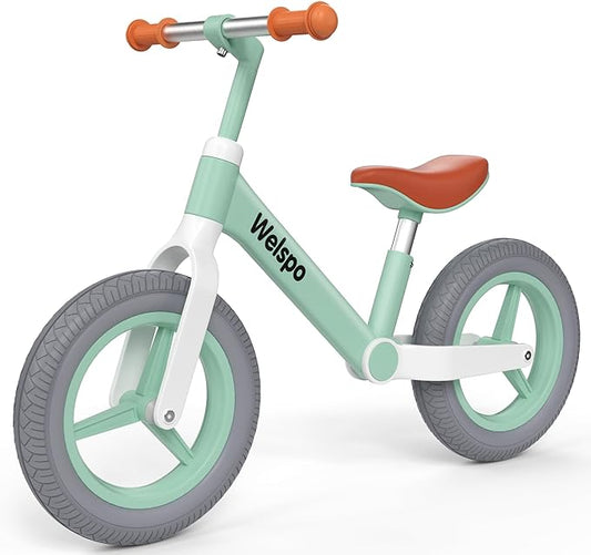 welspo 12-Inch Kids Balance Bike, No Pedal Toddler Bike for 2-5 Years Old Boys and Girls, Lightweight Nylon Frame with Adjustable Handlebar and Seat, Shock Absorption, Anti-Slip PU Airless Tires