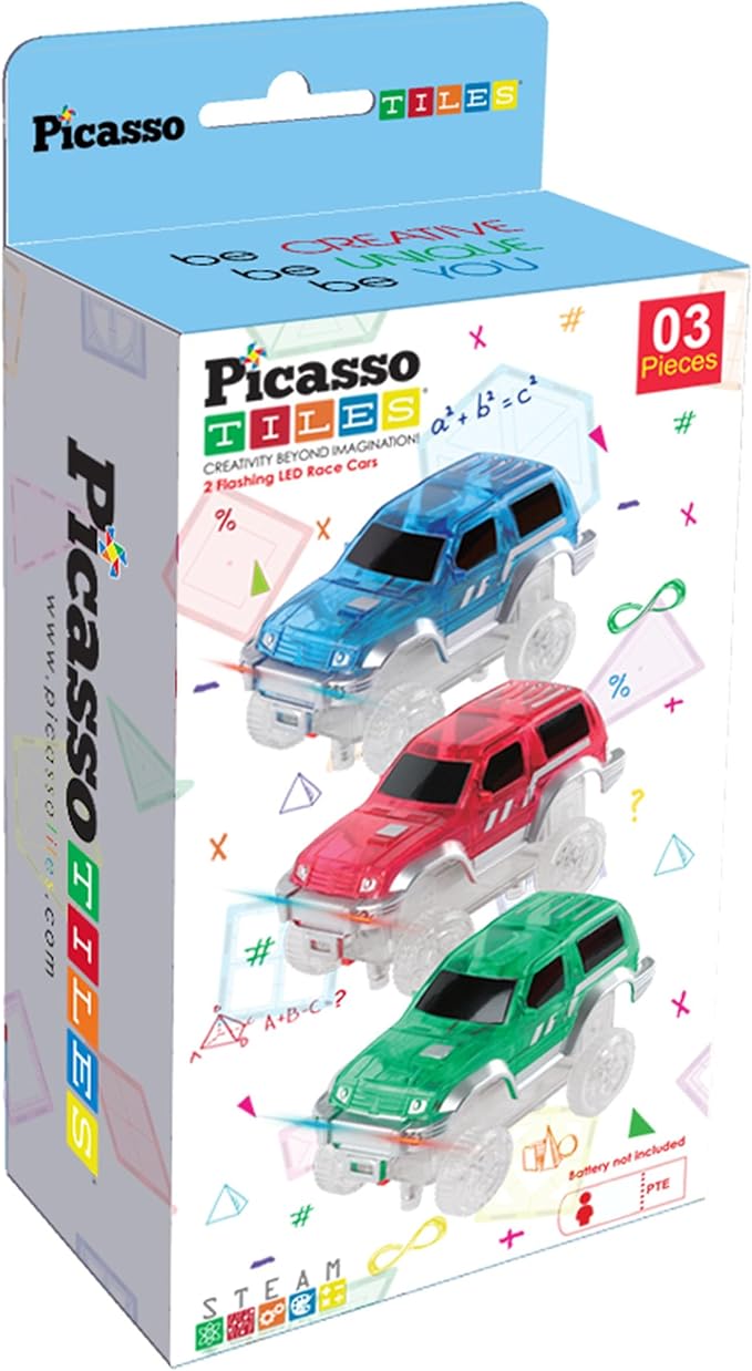 PicassoTiles 3 pcs Magnetic Toy Car Set Light Up LED Highly Detailed Compatible with Magnet Race Track STEM Truck Replacement Accessories Educational Building Kits for Toddlers Boys & Girls Ages 3+