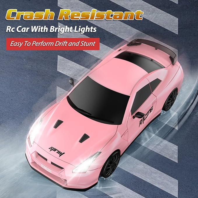 Remote Control Car RC Drift Car 2.4GHz 1:24 Scale 4WD 15KM/H High Speed Model Vehicle with LED Lights Drifting Tire Racing Sport Toy Car for Adults Boys Girls Kids Gift 2Pcs Rechargeable Batteries