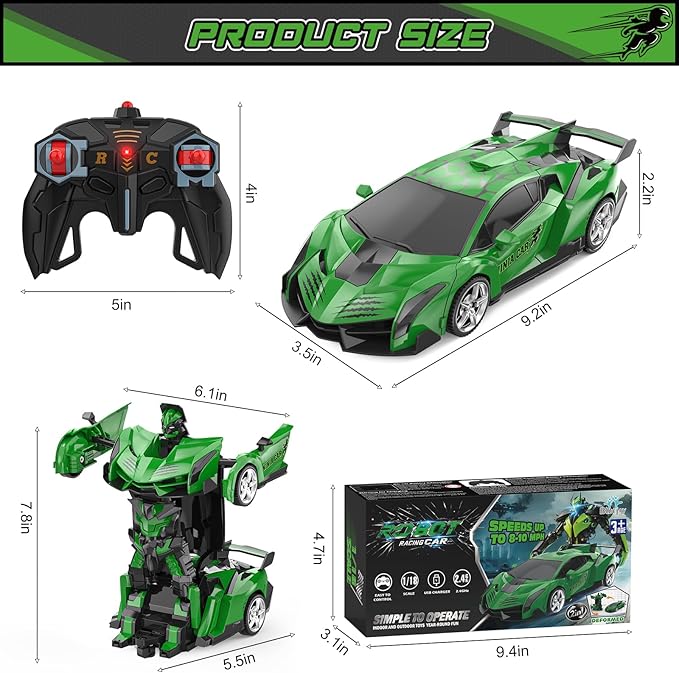 BLUEJAY Transform Rc Cars for Boys 4-7 8-12, 2.4Ghz Remote Control Car 1:18 Scale Transforming Robot, One-Button Deformation 360° Rotation Car Toy Gifts for Boys 3-5 (Turtle)