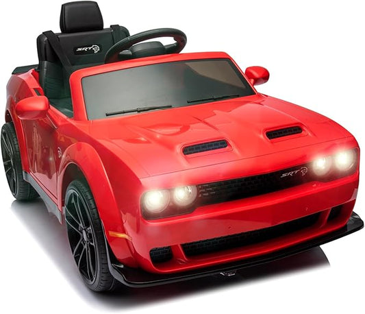 Kids Electric Car | Licensed Dodge Challenger Ride-On 12V Battery-Powered Vehicle with Remote, LED Lights, Bluetooth, MP3 for Boys and Girls, Red