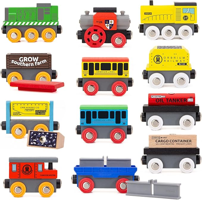 12 Wooden Train Cars Set with Wooden Storage Box with Box Cover Tunnel for 3,4,5,6,7 Years Old Compatible with Thomas & Friends Push-Along, Brio, IKEA, Imaginarium, Melissa and Doug