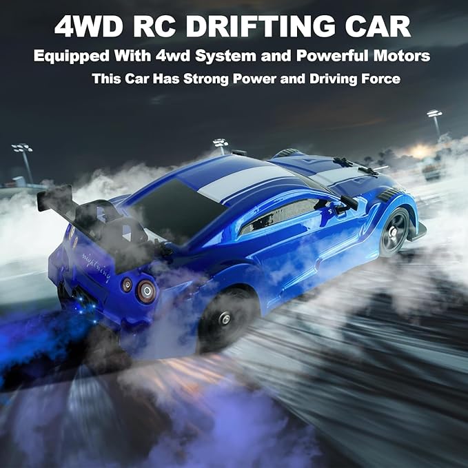 YUZ Remote Control Car RC Drift Car 1/16 Scale 4WD 18KM/H High Speed RC Car 2.4GHz with LED Lights Spray Racing Toy Car for Adults Boys Girls Kids Birthday 2Pcs Rechargeable Batteries, Blue