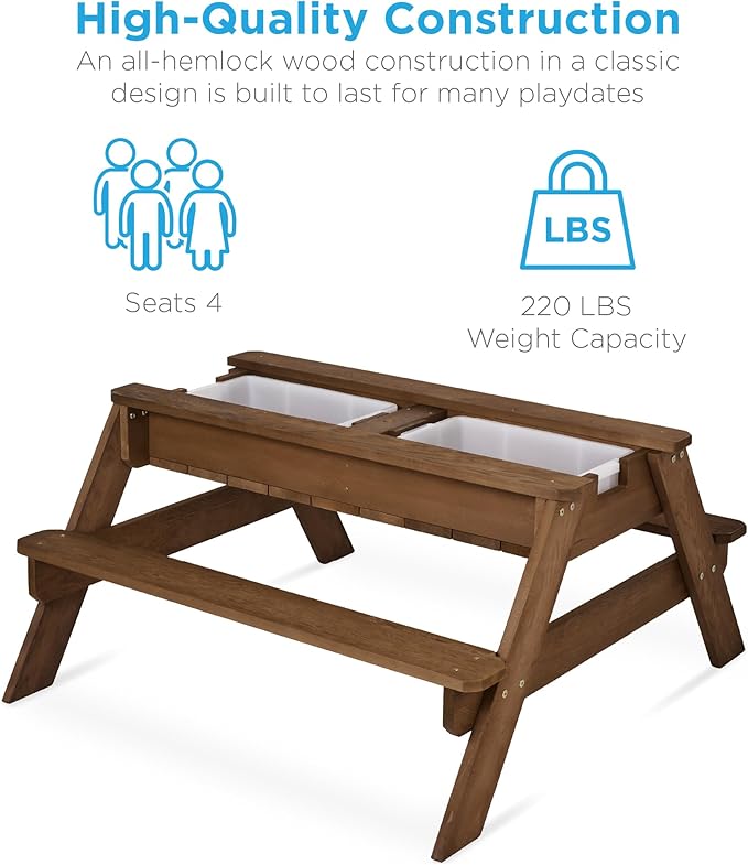 Best Choice Products Kids 3-in-1 Sand & Water Table, Wood Outdoor Convertible Picnic Table w/Umbrella, 2 Trays, Removable Top, 220lb Capacity Per Bench -Walnut/Red